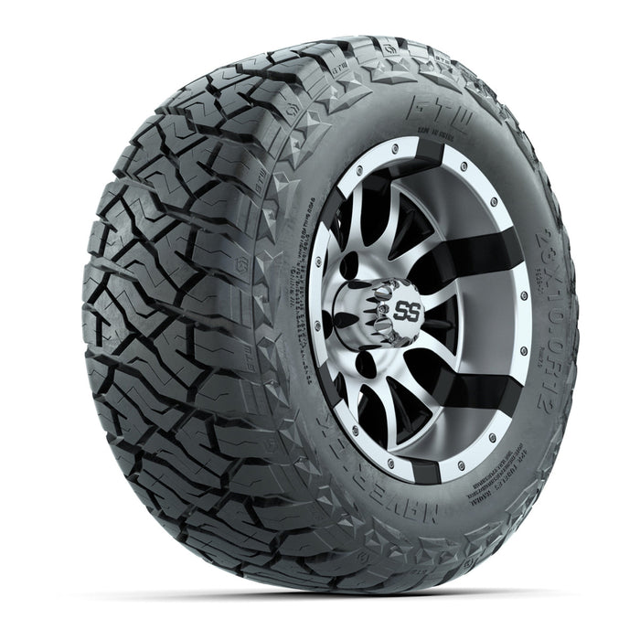 GTW 12' Diesel Wheels Black/Machined and Maverick 23x10.00-R12 All Terrain Tires Combo Set of 4
