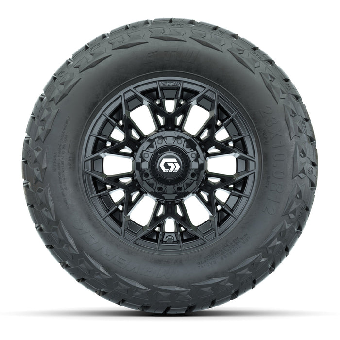 GTW 12' Stellar Wheels Matte Black and Maverick 23x10.00-R12 All Terrain Tires Combo Set of 4