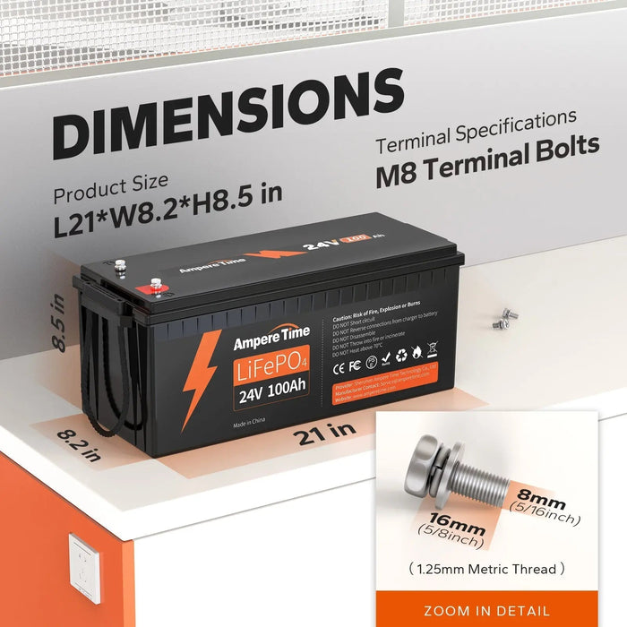 LiTime Ampere Time 24V 100Ah, 2560Wh Lithium LiFePO4 Battery & Built In 100A BMS