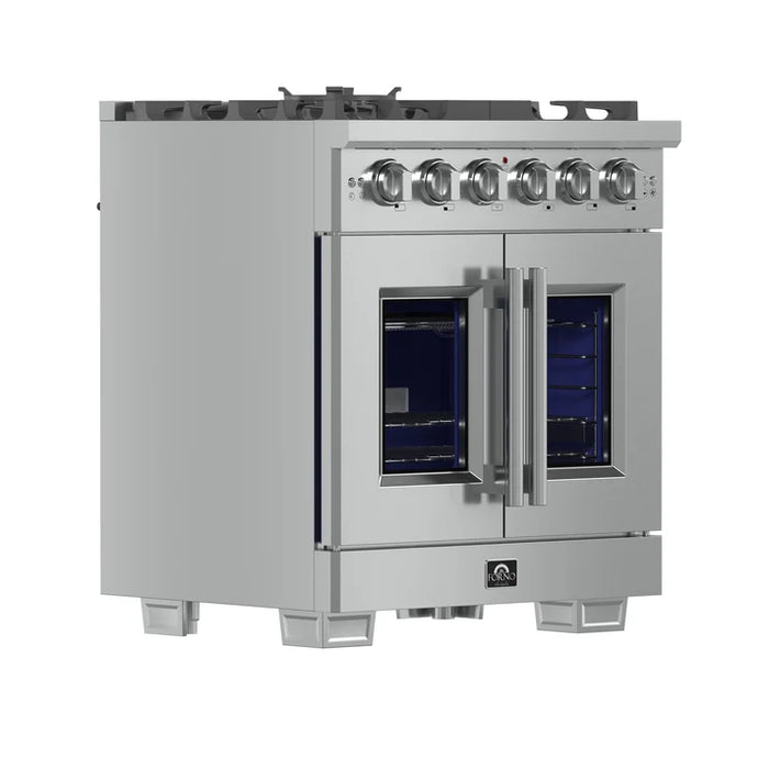 Forno Capriasca 30" 4.32 cu. ft. French Door Gas Range with 5 Brass Burners, Air Fryer Kit, Rotisserie Kit, Wok Support & Griddle in Stainless Steel, White or Black (FFSGS6460-30)