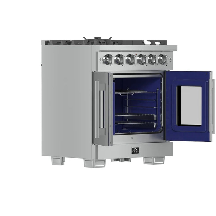 Forno Capriasca 30" 4.32 cu. ft. French Door Gas Range with 5 Brass Burners, Air Fryer Kit, Rotisserie Kit, Wok Support & Griddle in Stainless Steel, White or Black (FFSGS6460-30)