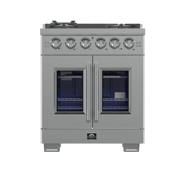 Forno Capriasca 30" 4.32 cu. ft. French Door Gas Range with 5 Brass Burners, Air Fryer Kit, Rotisserie Kit, Wok Support & Griddle in Stainless Steel, White or Black (FFSGS6460-30)