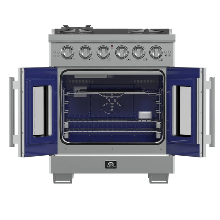 Forno Capriasca 30" 4.32 cu. ft. French Door Gas Range with 5 Brass Burners, Air Fryer Kit, Rotisserie Kit, Wok Support & Griddle in Stainless Steel, White or Black (FFSGS6460-30)