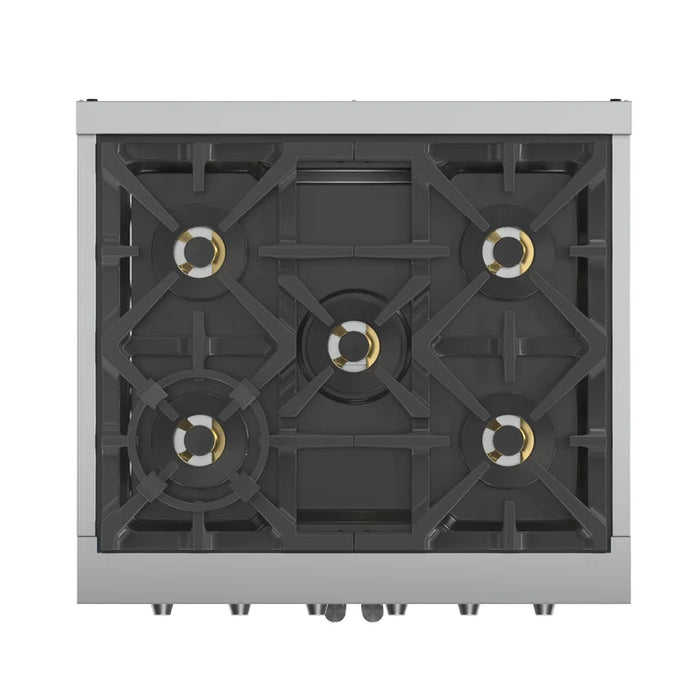 Forno Capriasca 30" 4.32 cu. ft. French Door Gas Range with 5 Brass Burners, Air Fryer Kit, Rotisserie Kit, Wok Support & Griddle in Stainless Steel, White or Black (FFSGS6460-30)