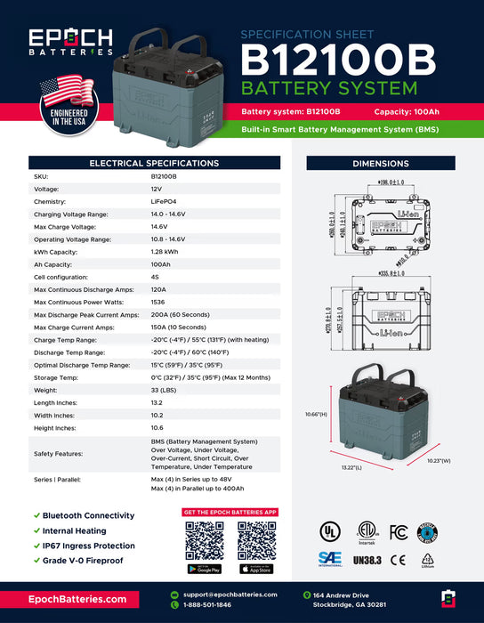 Epoch Batteries 12V 100Ah LiFePO4 Lithium Battery - Bluetooth, Heating, Waterproof (Recertified)