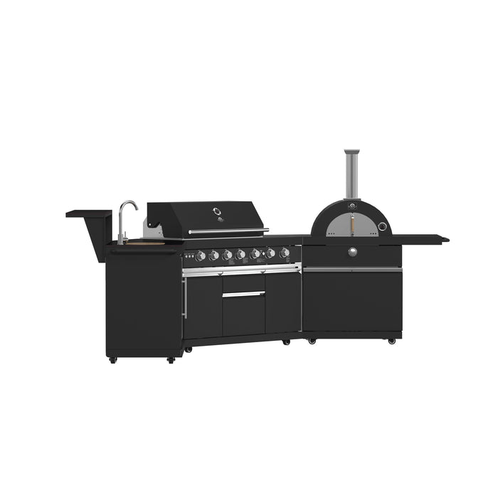 Forno All’Aperto Outdoor Kitchen - 87,600 BTU BBQ with 4 Stainless-Steel Burners with Infrared Burners &amp; Side Burner, Sink Module with Black Sintered Stone Countertops, Gaz Pizza Oven, Bar & Beverage Center (FODKT2551BLK)