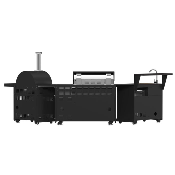 Forno All’Aperto Outdoor Kitchen - 87,600 BTU BBQ with 4 Stainless-Steel Burners with Infrared Burners &amp; Side Burner, Sink Module with Black Sintered Stone Countertops, Gaz Pizza Oven, Bar & Beverage Center (FODKT2551BLK)