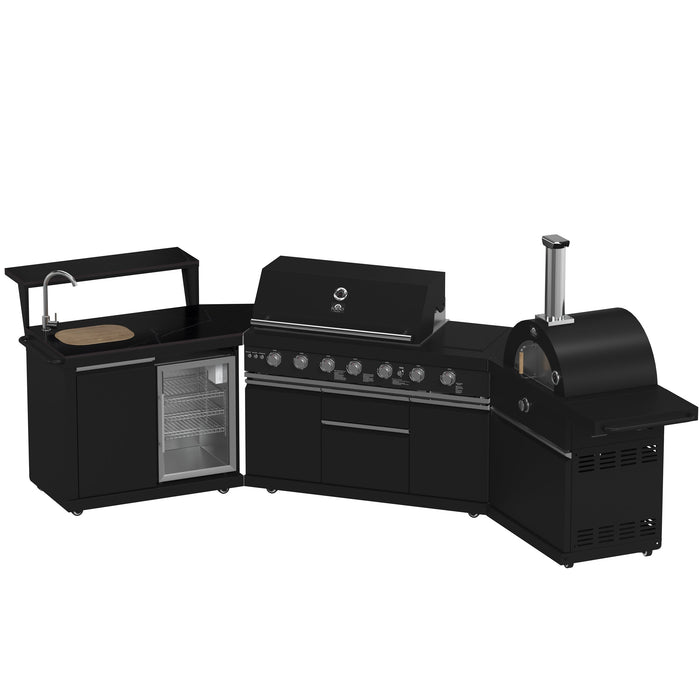 Forno All’Aperto Outdoor Kitchen - 87,600 BTU BBQ with 4 Stainless-Steel Burners with Infrared Burners &amp; Side Burner, Sink Module with Black Sintered Stone Countertops, Gaz Pizza Oven, Bar & Beverage Center (FODKT2551BLK)