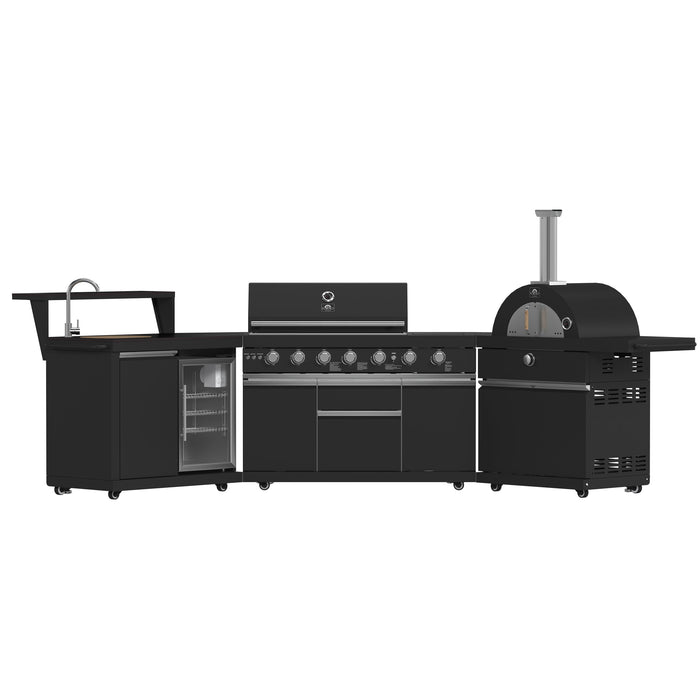 Forno All’Aperto Outdoor Kitchen - 87,600 BTU BBQ with 4 Stainless-Steel Burners with Infrared Burners &amp; Side Burner, Sink Module with Black Sintered Stone Countertops, Gaz Pizza Oven, Bar & Beverage Center (FODKT2551BLK)