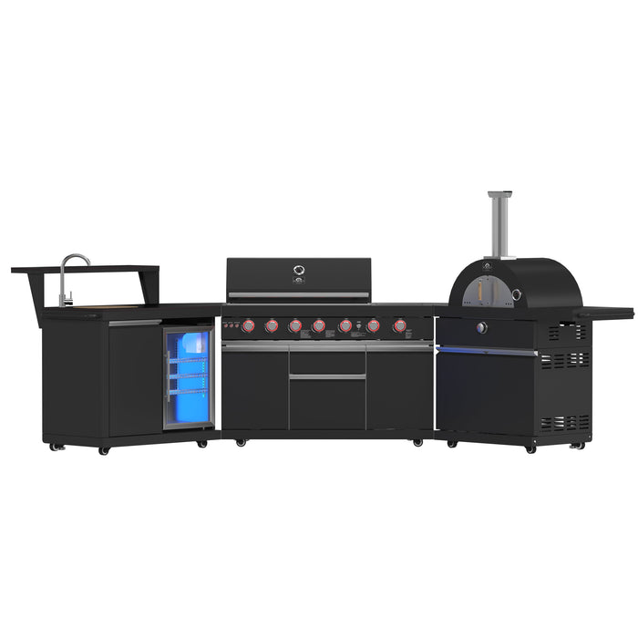 Forno All’Aperto Outdoor Kitchen - 87,600 BTU BBQ with 4 Stainless-Steel Burners with Infrared Burners &amp; Side Burner, Sink Module with Black Sintered Stone Countertops, Gaz Pizza Oven, Bar & Beverage Center (FODKT2551BLK)