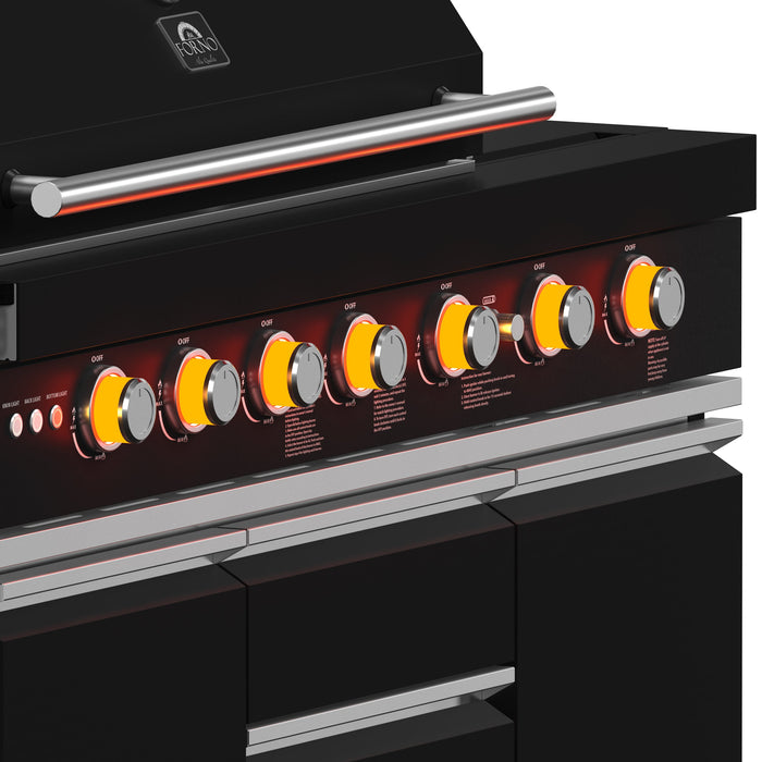 Forno All’Aperto Outdoor Kitchen - 87,600 BTU BBQ with 4 Stainless-Steel Burners with Infrared Burners &amp; Side Burner, Sink Module with Black Sintered Stone Countertops, Gaz Pizza Oven, Bar & Beverage Center (FODKT2551BLK)