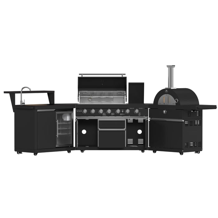 Forno All’Aperto Outdoor Kitchen - 87,600 BTU BBQ with 4 Stainless-Steel Burners with Infrared Burners &amp; Side Burner, Sink Module with Black Sintered Stone Countertops, Gaz Pizza Oven, Bar & Beverage Center (FODKT2551BLK)