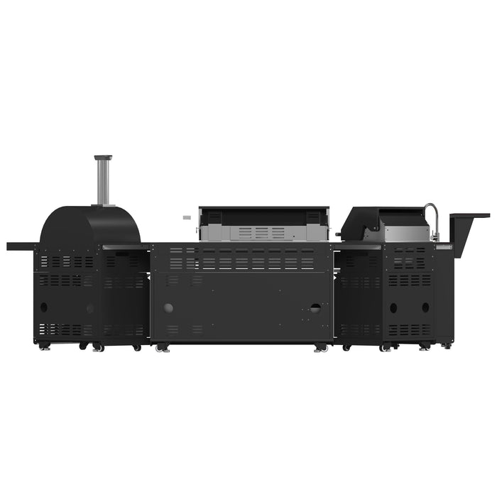 Forno All’Aperto Outdoor Kitchen - 99,600 BTU BBQ with 5 Stainless-Steel Burners, Infrared Burners & Side Burner, 36,000 BTU Plancha, 19,000 BTU Gas Pizza Oven, Sink & Bar Module with Black Sintered Stone Countertops (FODKT2568BLK)