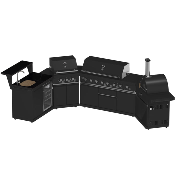 Forno All’Aperto Outdoor Kitchen - 99,600 BTU BBQ with 5 Stainless-Steel Burners, Infrared Burners & Side Burner, 36,000 BTU Plancha, 19,000 BTU Gas Pizza Oven, Sink & Bar Module with Black Sintered Stone Countertops (FODKT2568BLK)