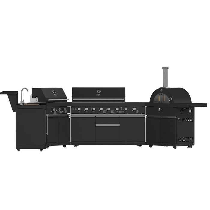 Forno All’Aperto Outdoor Kitchen - 99,600 BTU BBQ with 5 Stainless-Steel Burners, Infrared Burners & Side Burner, 36,000 BTU Plancha, 19,000 BTU Gas Pizza Oven, Sink & Bar Module with Black Sintered Stone Countertops (FODKT2568BLK)