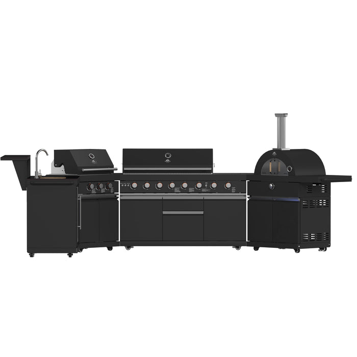 Forno All’Aperto Outdoor Kitchen - 99,600 BTU BBQ with 5 Stainless-Steel Burners, Infrared Burners & Side Burner, 36,000 BTU Plancha, 19,000 BTU Gas Pizza Oven, Sink & Bar Module with Black Sintered Stone Countertops (FODKT2568BLK)