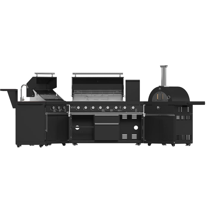 Forno All’Aperto Outdoor Kitchen - 99,600 BTU BBQ with 5 Stainless-Steel Burners, Infrared Burners & Side Burner, 36,000 BTU Plancha, 19,000 BTU Gas Pizza Oven, Sink & Bar Module with Black Sintered Stone Countertops (FODKT2568BLK)