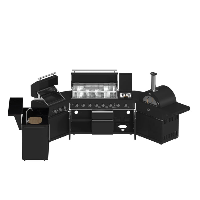 Forno All’Aperto Outdoor Kitchen - 99,600 BTU BBQ with 5 Stainless-Steel Burners, Infrared Burners & Side Burner, 36,000 BTU Plancha, 19,000 BTU Gas Pizza Oven, Sink & Bar Module with Black Sintered Stone Countertops (FODKT2568BLK)