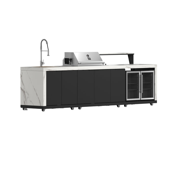 Forno Rimini Outdoor Kitchen - 30" BBQ 62,600 BTU, 3 Burners with Sear & Rotisserie, 4.8 cu.ft. Beverage Center, Stainless Steel Double Sink, Black Cabinets & White Sintered Stone Countertops (FODKT2575WHT)
