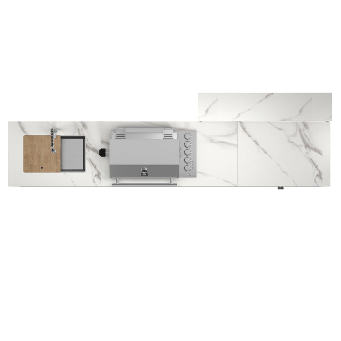Forno Rimini Outdoor Kitchen - 30" BBQ 62,600 BTU, 3 Burners with Sear & Rotisserie, 4.8 cu.ft. Beverage Center, Stainless Steel Double Sink, Black Cabinets & White Sintered Stone Countertops (FODKT2575WHT)