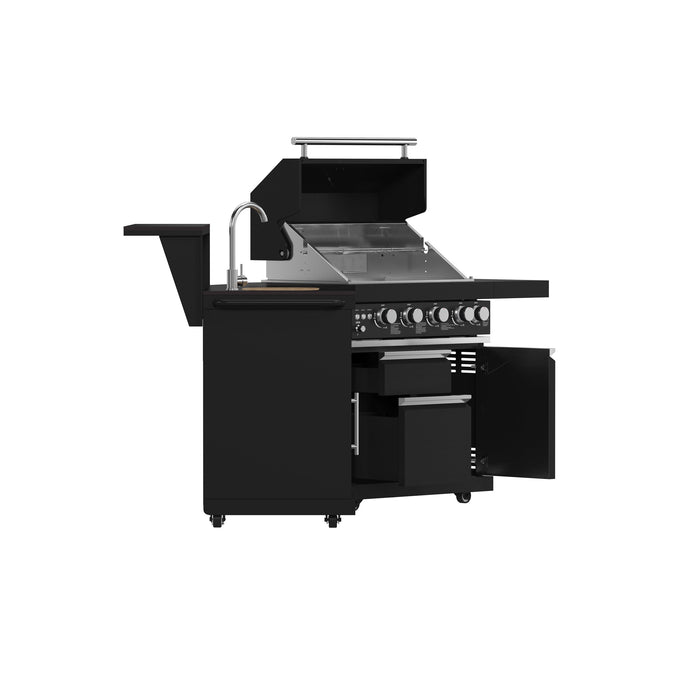 Forno All’Aperto Outdoor Kitchen - 62,600 BTU BBQ with 3 Stainless-Steel Burners & Infrared Burners &amp; Sink Module with Black Sintered Stone Countertops, Bar & Beverage Center (FODKT2582BLK)
