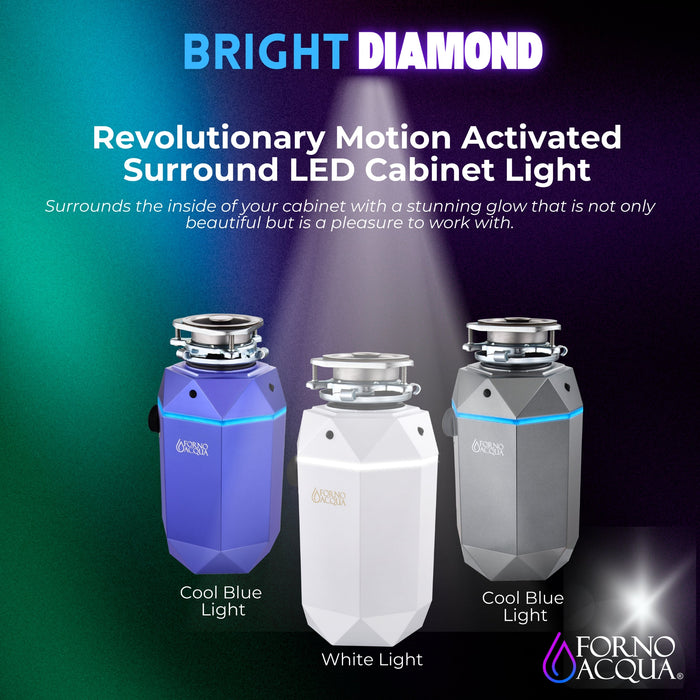 Forno Acqua BrightDiamond Super Quiet Garbage Disposal Corded with Motion Sensor Cabinet Light & Pre-Wired Air Switch - 3/4 HP or 1HP (WDD075TA)