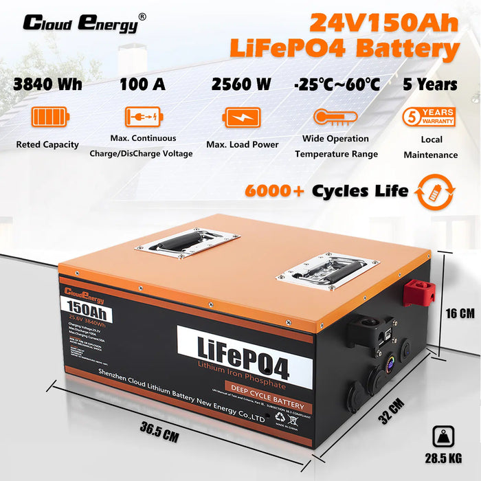 Cloudenergy 24V 150Ah LiFePO4 Deep Cycle Battery (CL24V-150Ah)