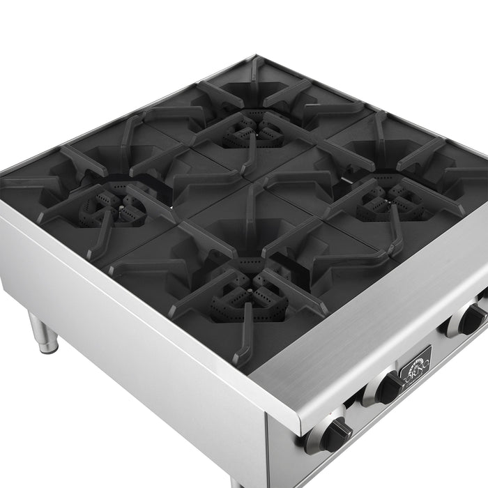 Forno Commerciale 24" Gas Hot Plate, 4 Burners (100,000 BTU) with Cast Iron Grates and 430 Stainless Steel Body (FCMHP0079-24)