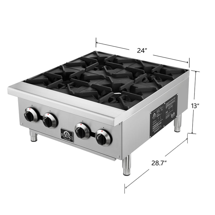 Forno Commerciale 24" Gas Hot Plate, 4 Burners (100,000 BTU) with Cast Iron Grates and 430 Stainless Steel Body (FCMHP0079-24)