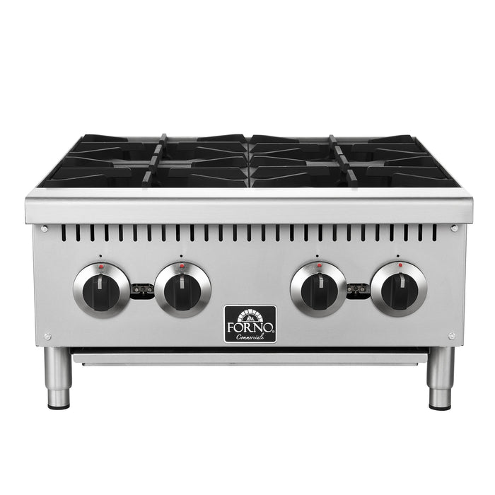 Forno Commerciale 24" Gas Hot Plate, 4 Burners (100,000 BTU) with Cast Iron Grates and 430 Stainless Steel Body (FCMHP0079-24)
