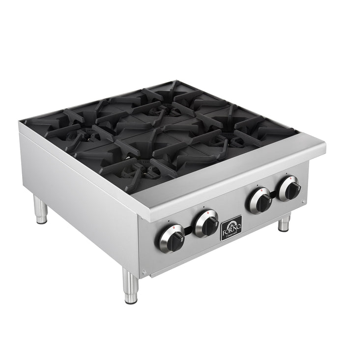 Forno Commerciale 24" Gas Hot Plate, 4 Burners (100,000 BTU) with Cast Iron Grates and 430 Stainless Steel Body (FCMHP0079-24)