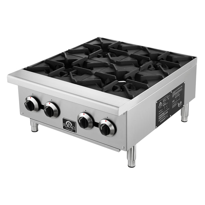 Forno Commerciale 24" Gas Hot Plate, 4 Burners (100,000 BTU) with Cast Iron Grates and 430 Stainless Steel Body (FCMHP0079-24)