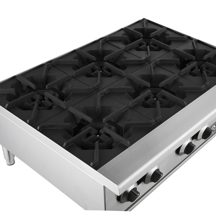 Forno Commerciale 36" Gas Hot Plate, 6 Burners (150,000 BTU) with Cast Iron Grates and 430 Stainless Steel Body (FCMHP0079-36)