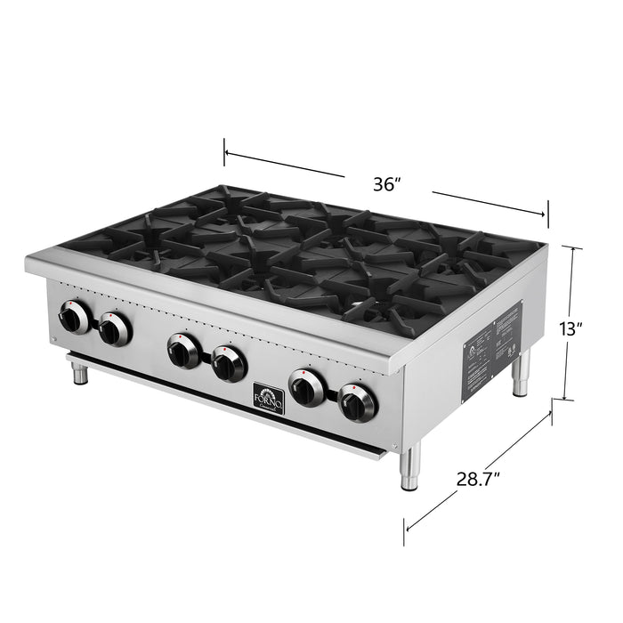 Forno Commerciale 36" Gas Hot Plate, 6 Burners (150,000 BTU) with Cast Iron Grates and 430 Stainless Steel Body (FCMHP0079-36)
