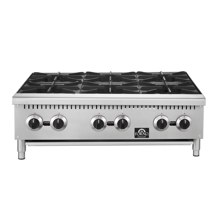 Forno Commerciale 36" Gas Hot Plate, 6 Burners (150,000 BTU) with Cast Iron Grates and 430 Stainless Steel Body (FCMHP0079-36)