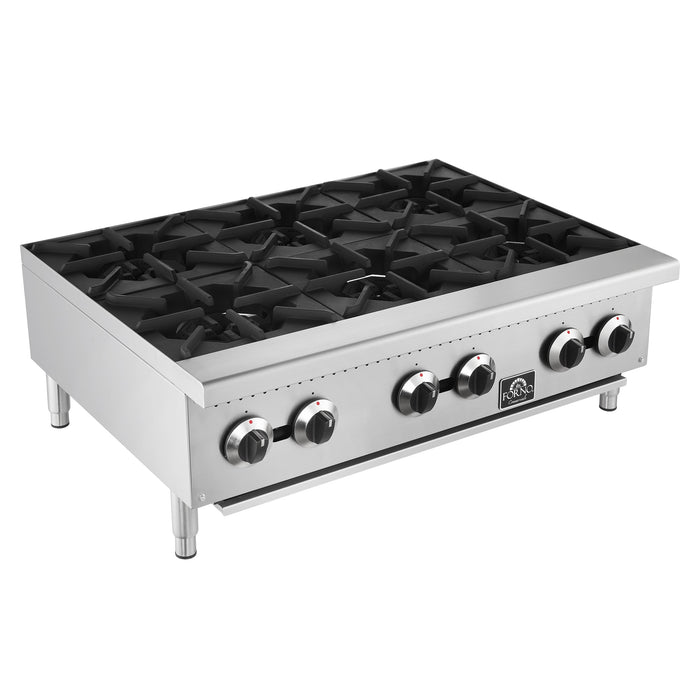 Forno Commerciale 36" Gas Hot Plate, 6 Burners (150,000 BTU) with Cast Iron Grates and 430 Stainless Steel Body (FCMHP0079-36)