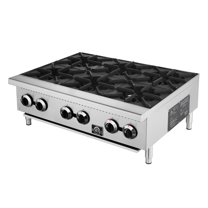Forno Commerciale 36" Gas Hot Plate, 6 Burners (150,000 BTU) with Cast Iron Grates and 430 Stainless Steel Body (FCMHP0079-36)