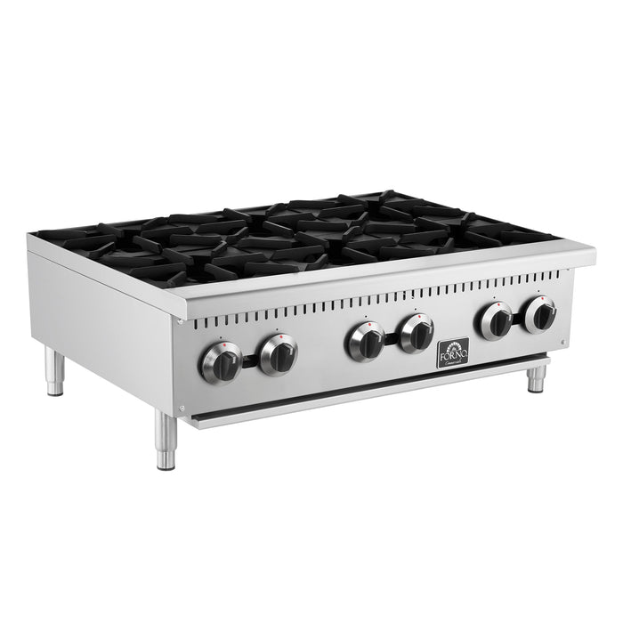 Forno Commerciale 36" Gas Hot Plate, 6 Burners (150,000 BTU) with Cast Iron Grates and 430 Stainless Steel Body (FCMHP0079-36)