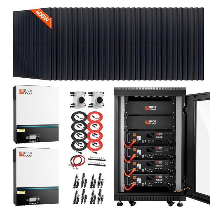 Rich Solar Complete Off-Grid Solar Kit - 13000W 48V Off-Grid Hybrid Solar Inverter + 20.48kWh Alpha 5 Pro Server LiFePO4 Battery + Panel Options