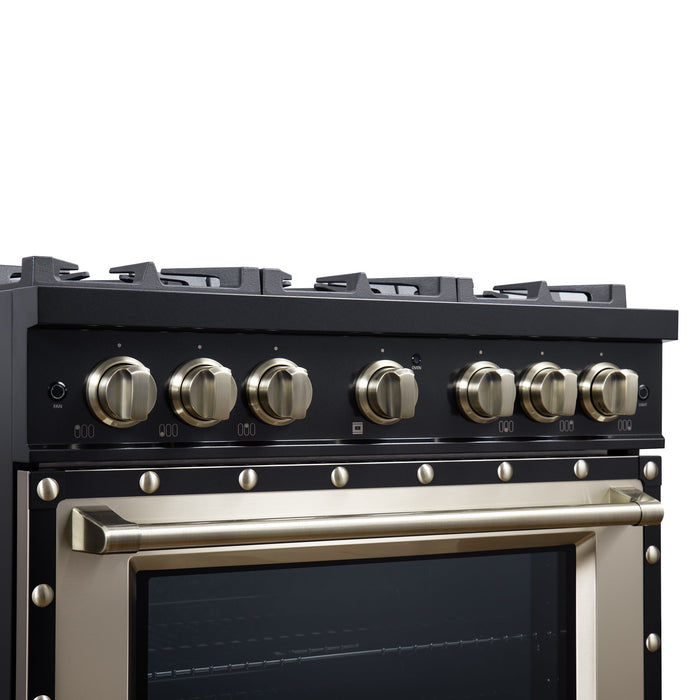 Forno Ambassador Valente 36" 5.2 cu. ft. Dual Fuel Range, 6 Sealed Burners, Convection Oven in Black or White with Antique Brass Accents and Copper Rivet Trim, (FFSGS6199-36CPBLK)