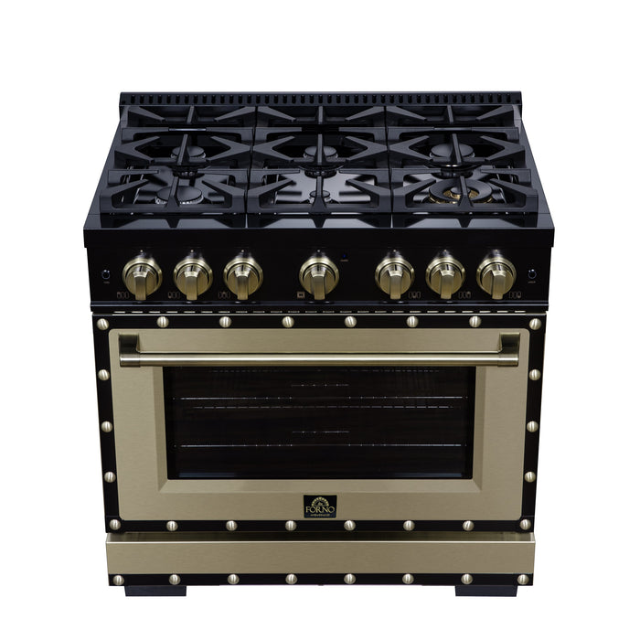Forno Ambassador Valente 36" 5.2 cu. ft. Dual Fuel Range, 6 Sealed Burners, Convection Oven in Black or White with Antique Brass Accents and Copper Rivet Trim, (FFSGS6199-36CPBLK)