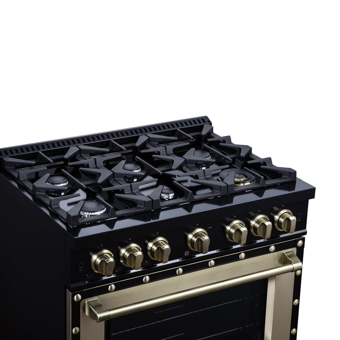 Forno Ambassador Valente 36" 5.2 cu. ft. Dual Fuel Range, 6 Sealed Burners, Convection Oven in Black or White with Antique Brass Accents and Copper Rivet Trim, (FFSGS6199-36CPBLK)
