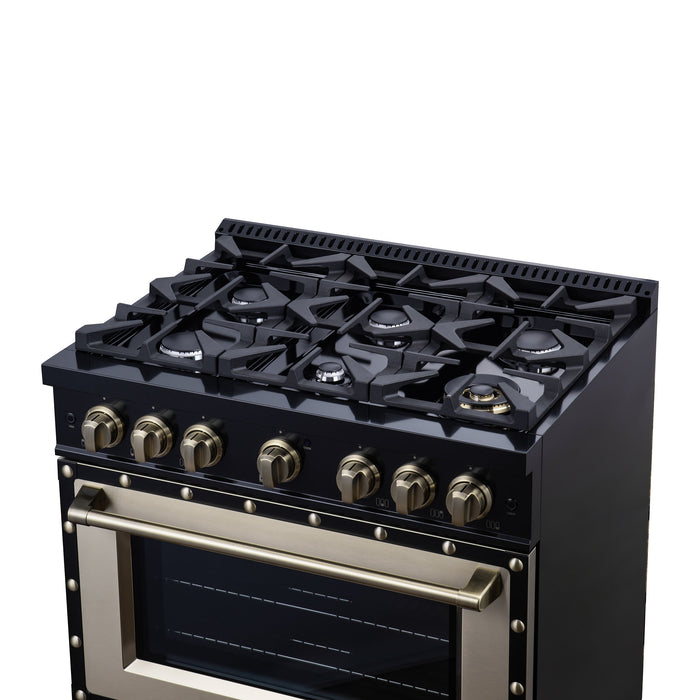 Forno Ambassador Valente 36" 5.2 cu. ft. Dual Fuel Range, 6 Sealed Burners, Convection Oven in Black or White with Antique Brass Accents and Copper Rivet Trim, (FFSGS6199-36CPBLK)