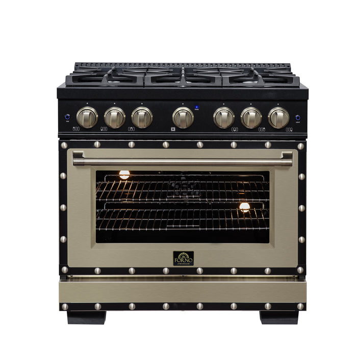 Forno Ambassador Valente 36" 5.2 cu. ft. Dual Fuel Range, 6 Sealed Burners, Convection Oven in Black or White with Antique Brass Accents and Copper Rivet Trim, (FFSGS6199-36CPBLK)