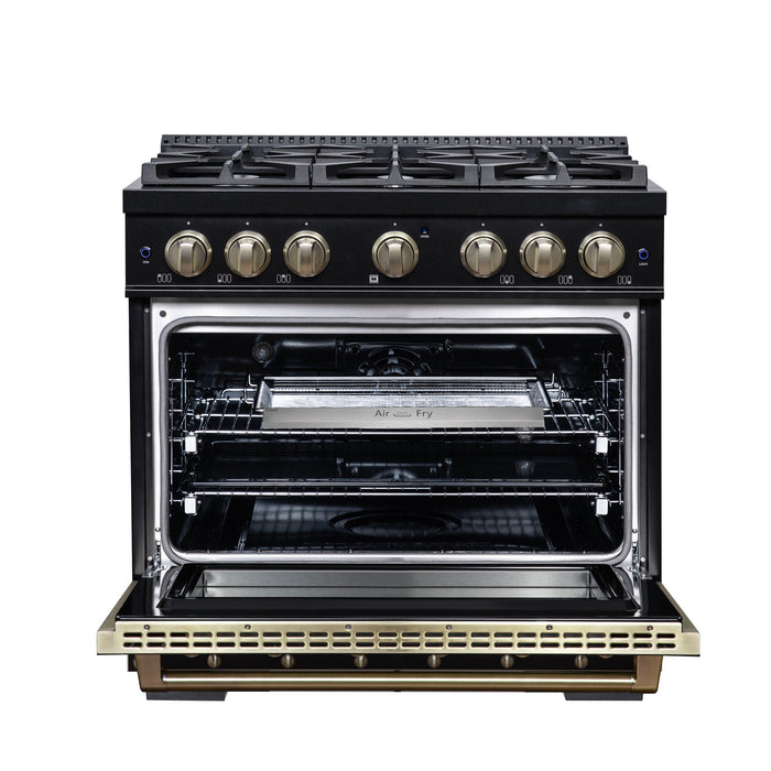 Forno Ambassador Valente 36" 5.2 cu. ft. Dual Fuel Range, 6 Sealed Burners, Convection Oven in Black or White with Antique Brass Accents and Copper Rivet Trim, (FFSGS6199-36CPBLK)