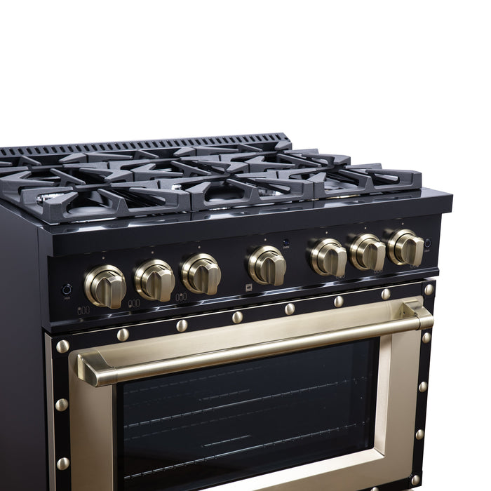 Forno Ambassador Valente 36" 5.2 cu. ft. Dual Fuel Range, 6 Sealed Burners, Convection Oven in Black or White with Antique Brass Accents and Copper Rivet Trim, (FFSGS6199-36CPBLK)