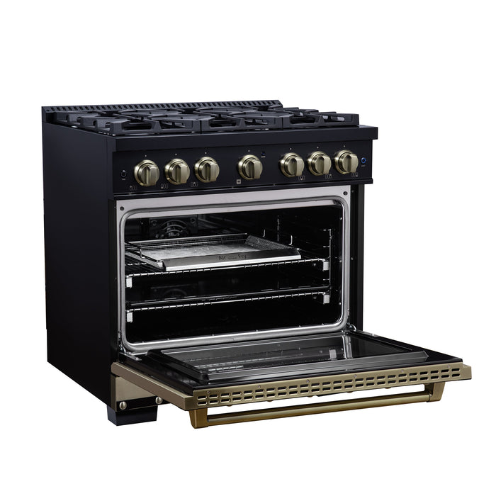 Forno Ambassador Valente 36" 5.2 cu. ft. Dual Fuel Range, 6 Sealed Burners, Convection Oven in Black or White with Antique Brass Accents and Copper Rivet Trim, (FFSGS6199-36CPBLK)