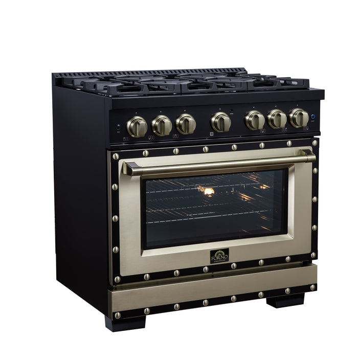 Forno Ambassador Valente 36" 5.2 cu. ft. Dual Fuel Range, 6 Sealed Burners, Convection Oven in Black or White with Antique Brass Accents and Copper Rivet Trim, (FFSGS6199-36CPBLK)