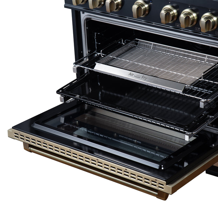 Forno Ambassador Valente 36" 5.2 cu. ft. Dual Fuel Range, 6 Sealed Burners, Convection Oven in Black or White with Antique Brass Accents and Copper Rivet Trim, (FFSGS6199-36CPBLK)