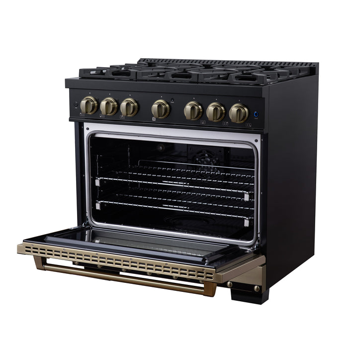 Forno Ambassador Valente 36" 5.2 cu. ft. Dual Fuel Range, 6 Sealed Burners, Convection Oven in Black or White with Antique Brass Accents and Copper Rivet Trim, (FFSGS6199-36CPBLK)
